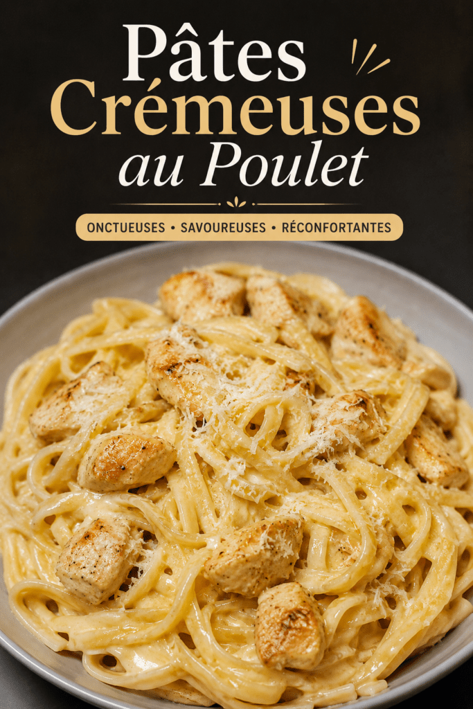 Assiette de pâtes crémeuses au poulet, ail et parmesan, avec une sauce onctueuse, des morceaux de poulet dorés et du parmesan râpé.