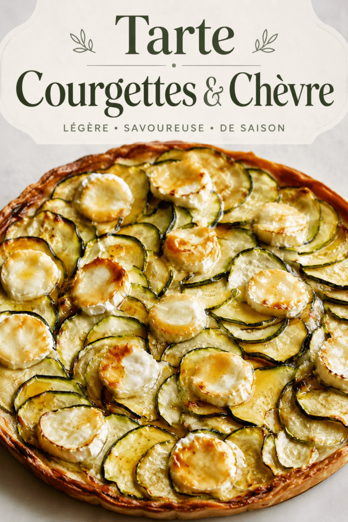 Tarte fine aux courgettes, chèvre et miel sur pâte feuilletée dorée, garnie de rondelles de courgettes, fromage de chèvre fondu et filet de miel.