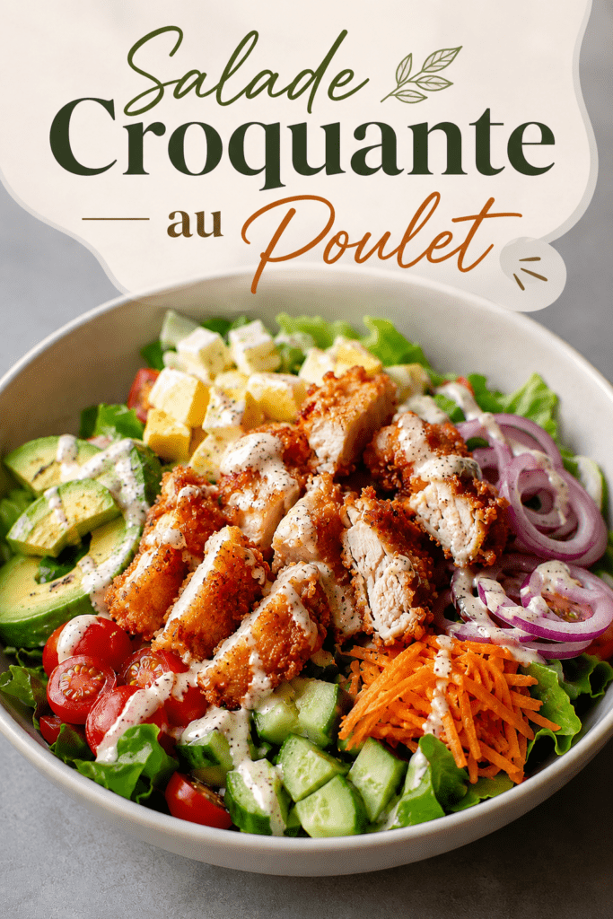 Salade complète au poulet croustillant avec salade verte, avocat, tomates, concombre, carotte râpée, oignon rouge et sauce crémeuse au yaourt.
