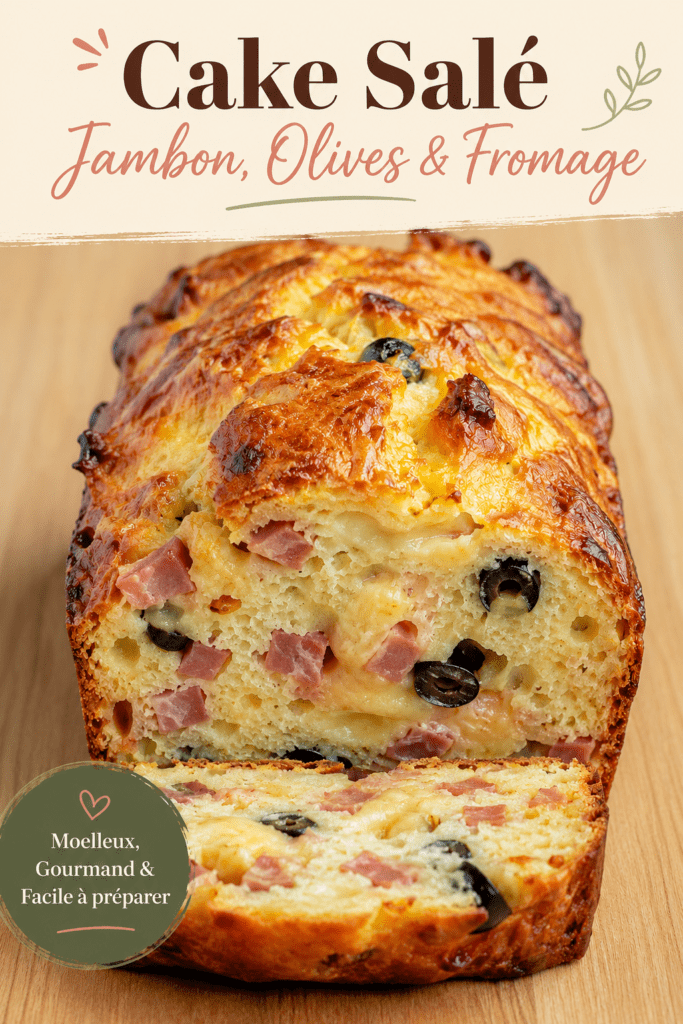 Cake salé jambon, olives et fromage coupé en tranches, avec une mie moelleuse, des morceaux d’olives, du jambon et du fromage fondu.