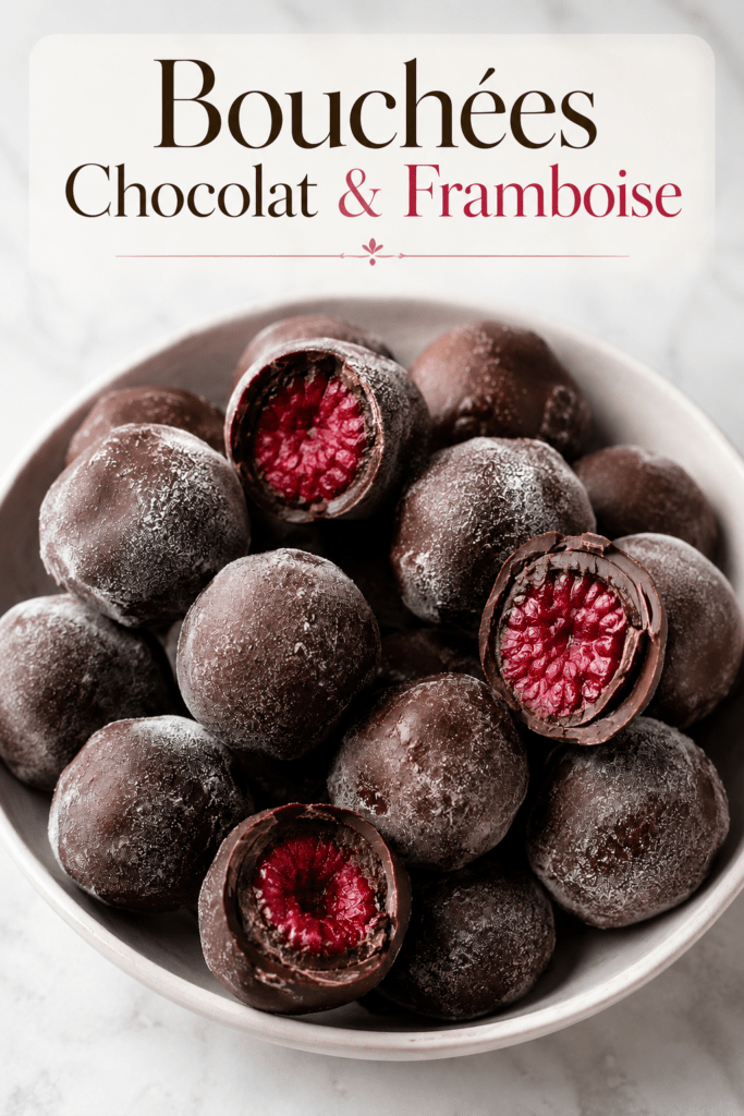 Bouchées glacées aux framboises enrobées de chocolat noir, avec une coque croquante et un cœur fruité, servies sur du papier cuisson.