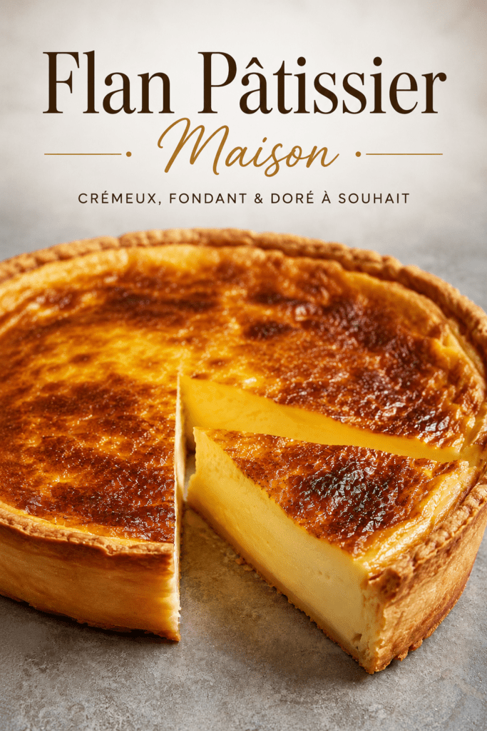 Flan pâtissier maison bien crémeux, épais et doré, posé sur une pâte croustillante avec une texture lisse et fondante à la vanille.