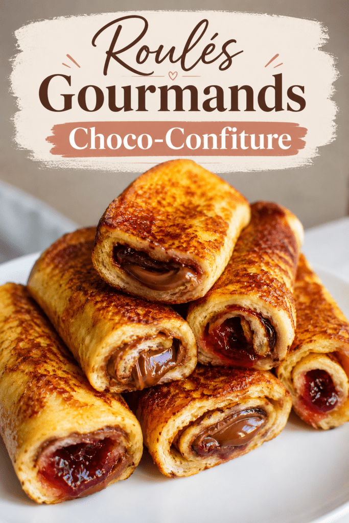 Pain perdu roulé au chocolat ou à la confiture, doré à la poêle, moelleux à l’intérieur et légèrement sucré, servi tiède pour le goûter.