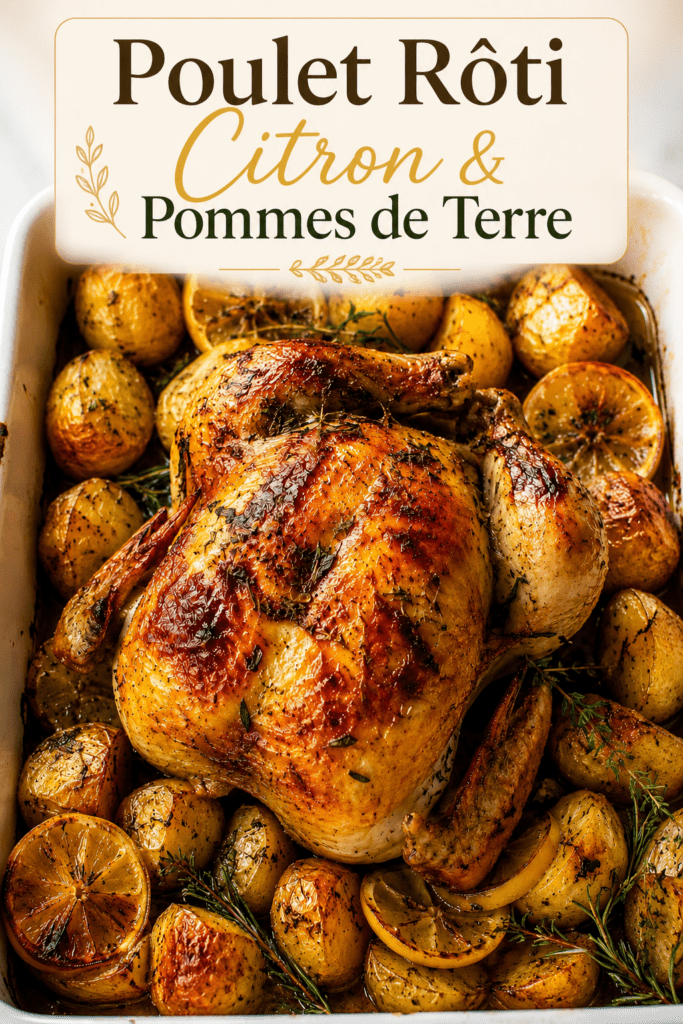 Poulet rôti au citron avec pommes de terre dorées et herbes aromatiques, servi dans un grand plat familial avec une peau croustillante et une viande tendre.
