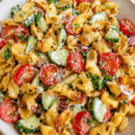 Salade de pâtes croustillantes façon TikTok servie dans un grand bol, avec tomates cerises, concombre, oignon rouge, herbes fraîches et sauce crémeuse au yaourt.