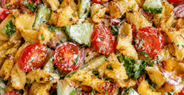 Salade de pâtes croustillantes façon TikTok servie dans un grand bol, avec tomates cerises, concombre, oignon rouge, herbes fraîches et sauce crémeuse au yaourt.
