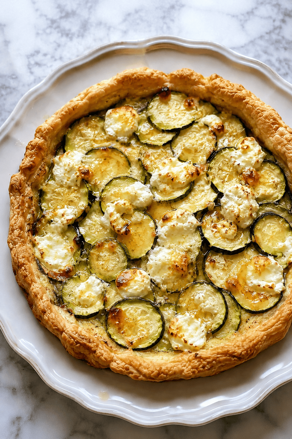 Tarte courgettes, chèvre et miel dorée au four, garnie de fines rondelles de courgettes, morceaux de fromage de chèvre fondant et filet de miel brillant.