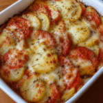 Gratin de pommes de terre, tomates et mozzarella doré au four, servi dans un plat familial avec fromage fondu, rondelles de tomates et herbes de Provence.