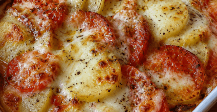 Gratin de pommes de terre, tomates et mozzarella doré au four, servi dans un plat familial avec fromage fondu, rondelles de tomates et herbes de Provence.