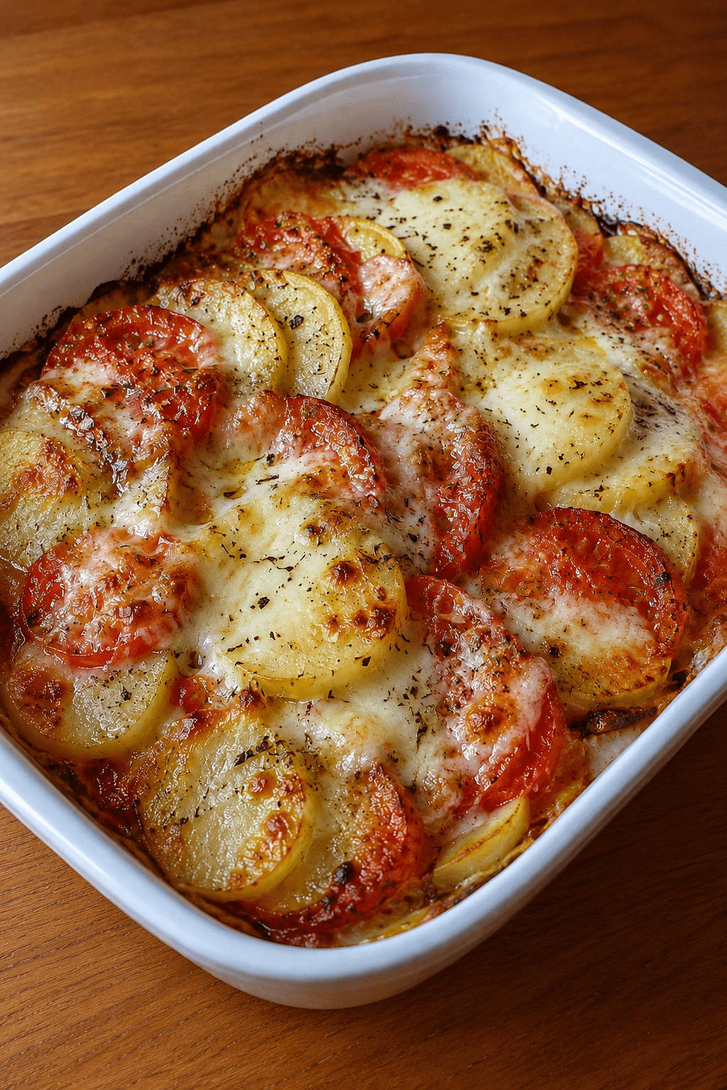 Gratin de pommes de terre, tomates et mozzarella doré au four, servi dans un plat familial avec fromage fondu, rondelles de tomates et herbes de Provence.