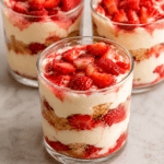 Verrines façon tiramisu aux fraises avec couches de biscuits imbibés, crème mascarpone onctueuse, morceaux de fraises fraîches et décoration fruitée.