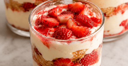 Verrines façon tiramisu aux fraises avec couches de biscuits imbibés, crème mascarpone onctueuse, morceaux de fraises fraîches et décoration fruitée.