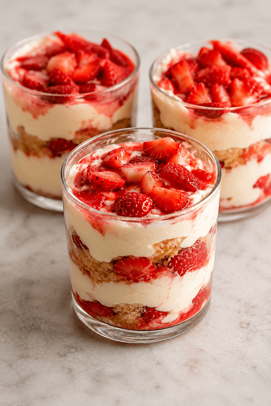 Verrines façon tiramisu aux fraises avec couches de biscuits imbibés, crème mascarpone onctueuse, morceaux de fraises fraîches et décoration fruitée.