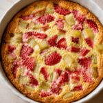 Clafoutis fraises rhubarbe fondant servi dans un plat doré, avec morceaux de fraises rouges, rhubarbe tendre et pâte moelleuse légèrement sucrée.