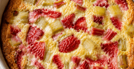 Clafoutis fraises rhubarbe fondant servi dans un plat doré, avec morceaux de fraises rouges, rhubarbe tendre et pâte moelleuse légèrement sucrée.