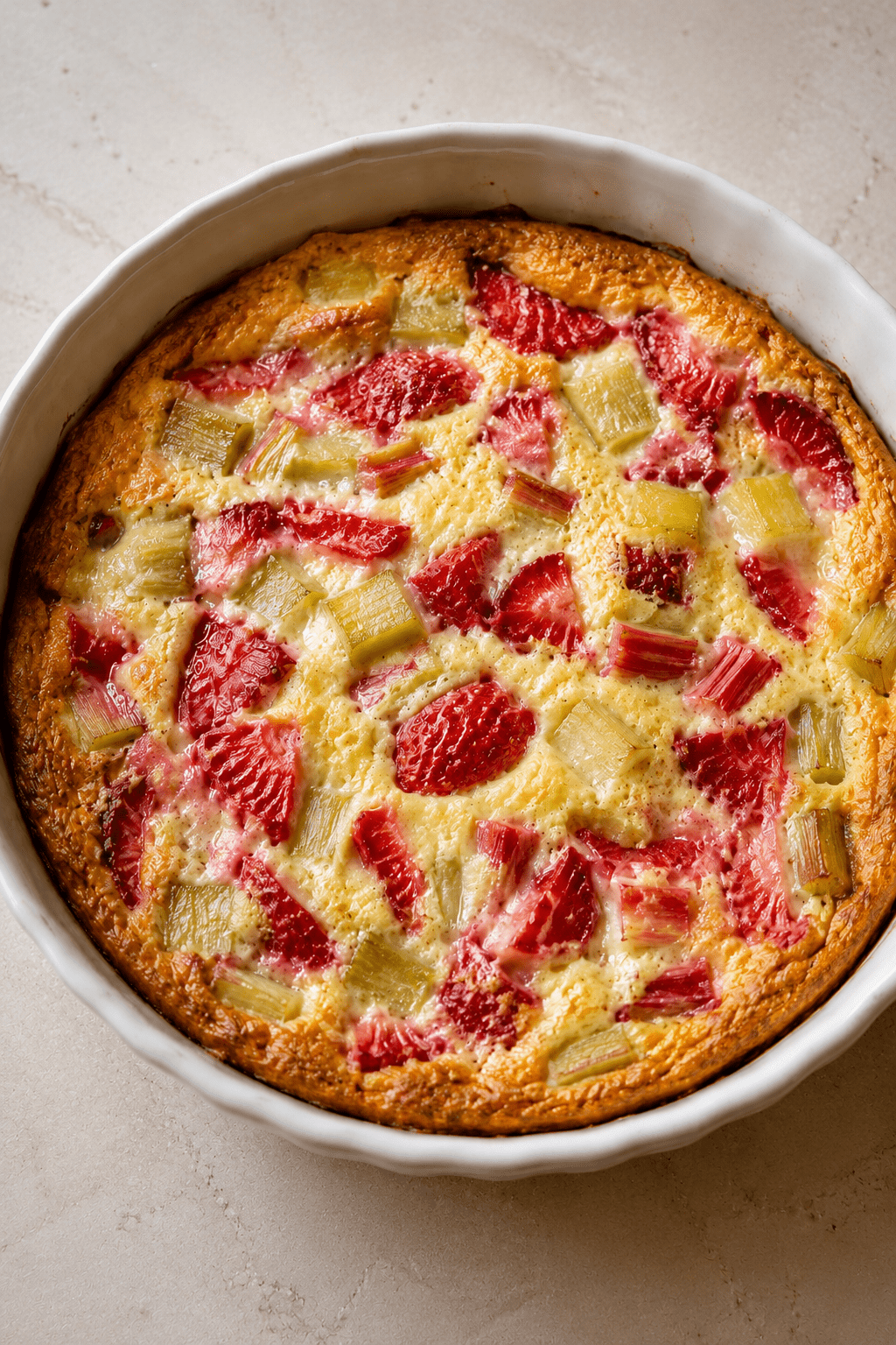 Clafoutis fraises rhubarbe fondant servi dans un plat doré, avec morceaux de fraises rouges, rhubarbe tendre et pâte moelleuse légèrement sucrée.