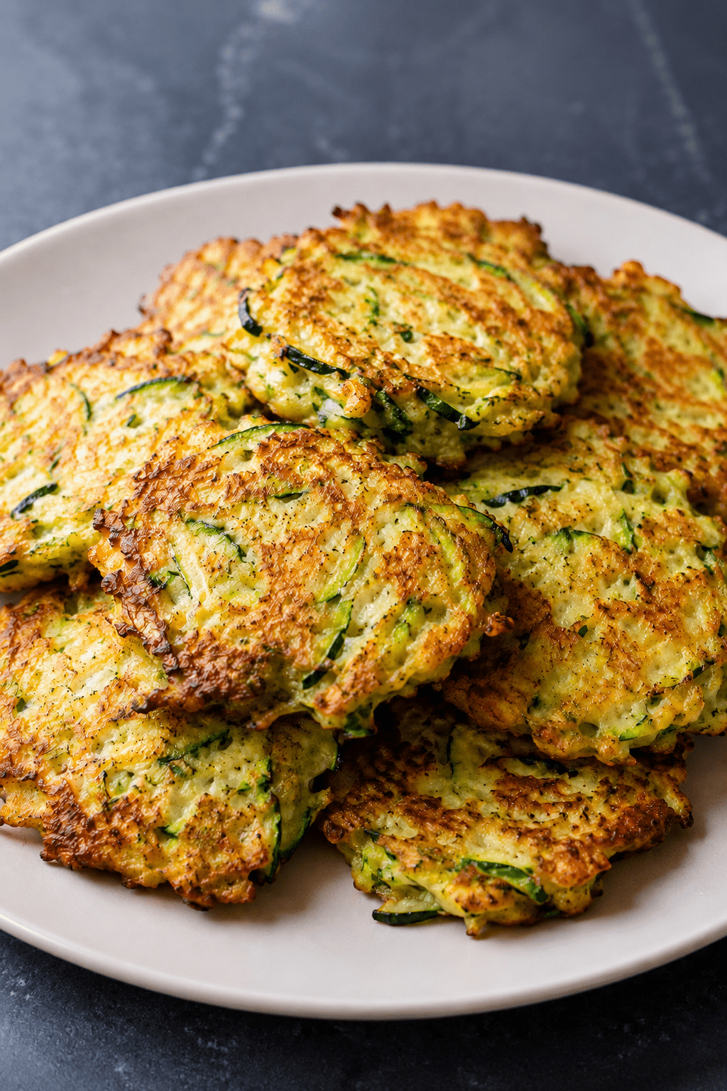 Galettes de courgettes crousti-fondantes bien dorées, servies chaudes avec une texture croustillante à l’extérieur et moelleuse à l’intérieur.