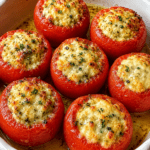Tomates farcies express au fromage et aux herbes, gratinées au four avec une farce crémeuse, chapelure dorée et herbes fraîches.
