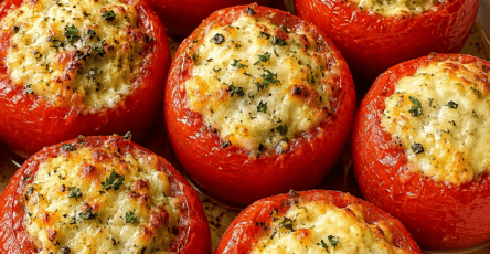 Tomates farcies express au fromage et aux herbes, gratinées au four avec une farce crémeuse, chapelure dorée et herbes fraîches.