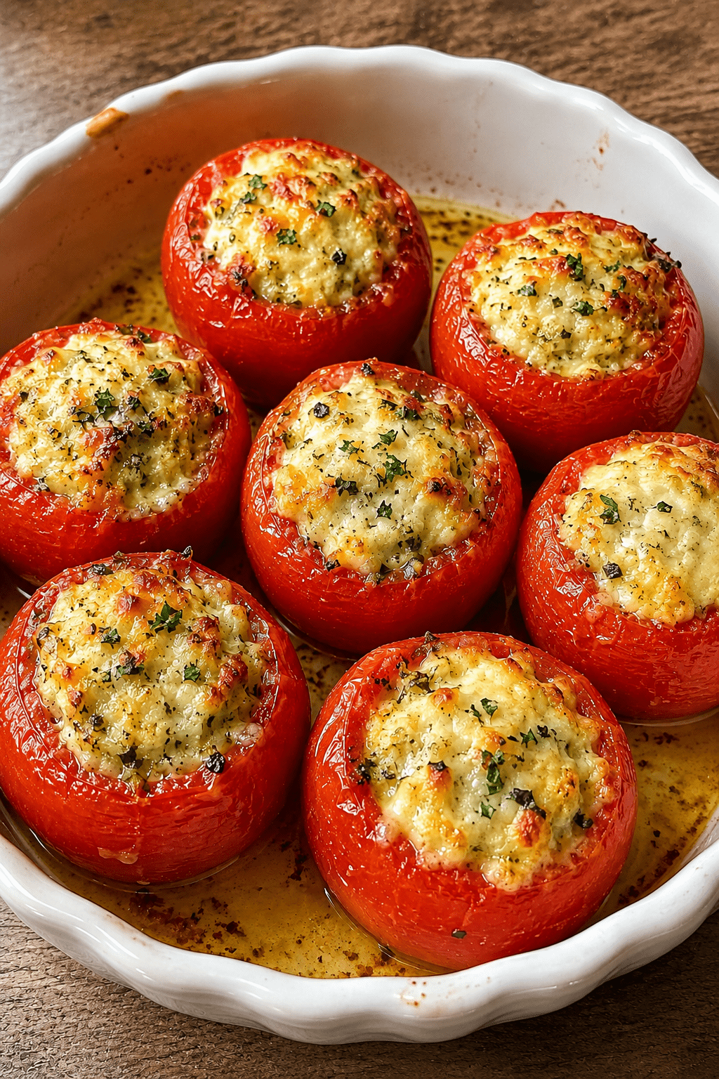 Tomates farcies express au fromage et aux herbes, gratinées au four avec une farce crémeuse, chapelure dorée et herbes fraîches.