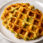 Gaufres salées courgette fromage bien dorées, croustillantes à l’extérieur, moelleuses à l’intérieur, servies avec une sauce au yaourt et des herbes fraîches.