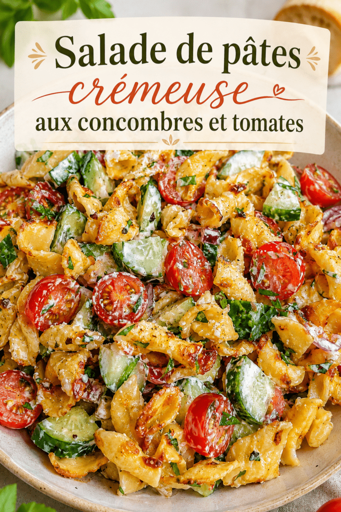 Salade de pâtes croustillantes façon TikTok servie dans un grand bol, avec tomates cerises, concombre, oignon rouge, herbes fraîches et sauce crémeuse au yaourt.
