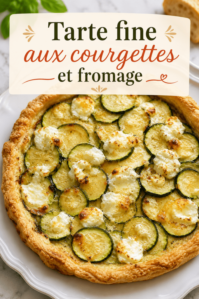 Tarte courgettes, chèvre et miel dorée au four, garnie de fines rondelles de courgettes, morceaux de fromage de chèvre fondant et filet de miel brillant.