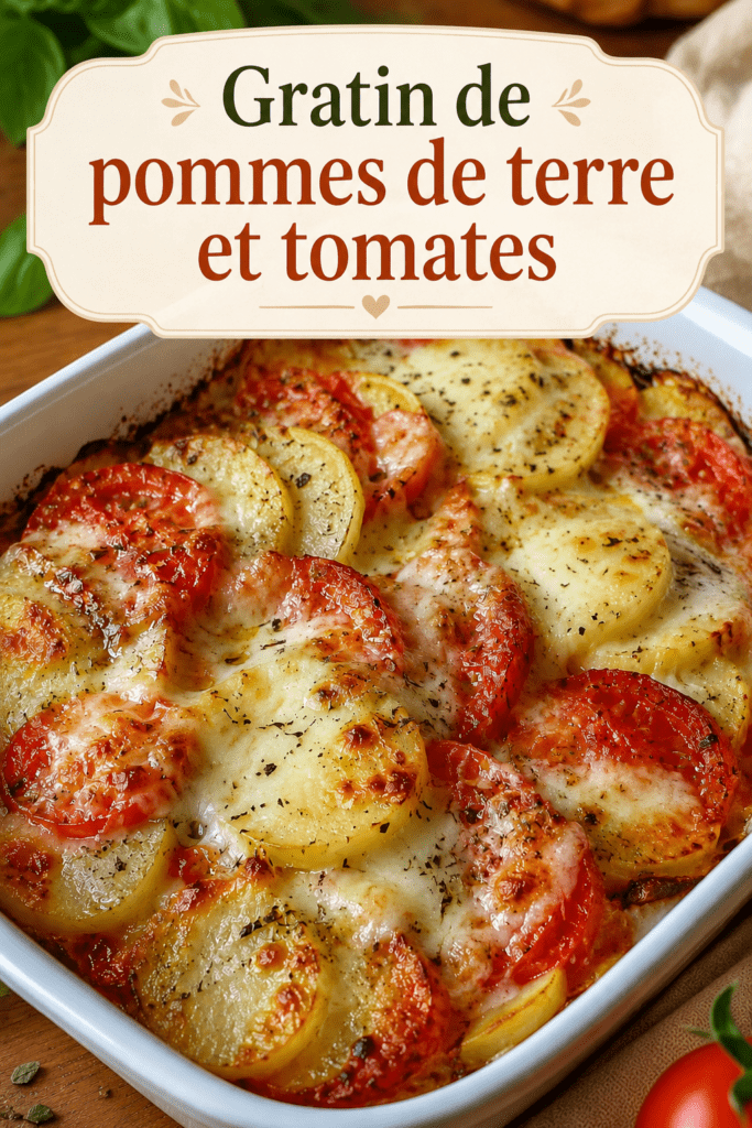Gratin de pommes de terre, tomates et mozzarella doré au four, servi dans un plat familial avec fromage fondu, rondelles de tomates et herbes de Provence.