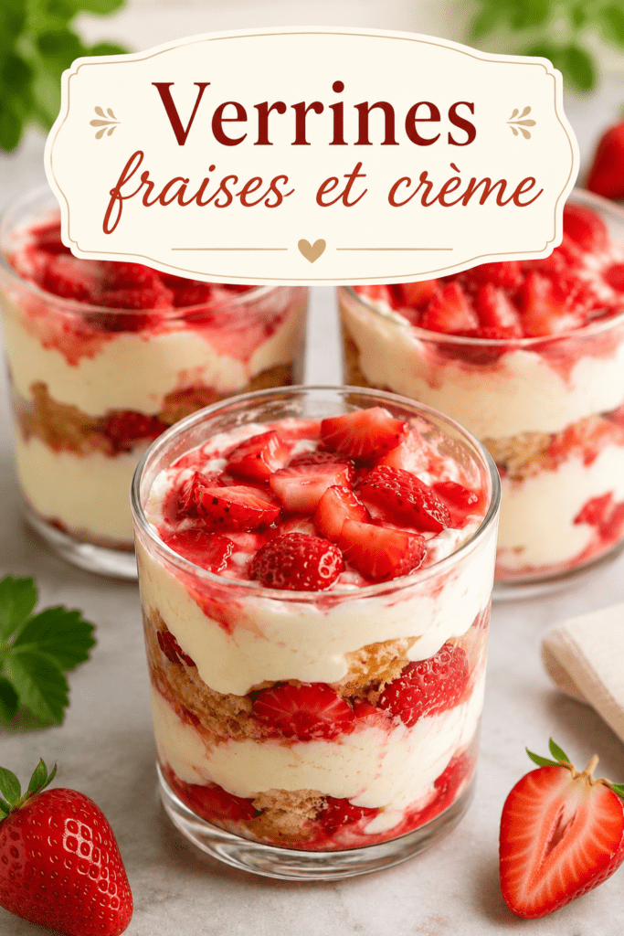 Verrines façon tiramisu aux fraises avec couches de biscuits imbibés, crème mascarpone onctueuse, morceaux de fraises fraîches et décoration fruitée.