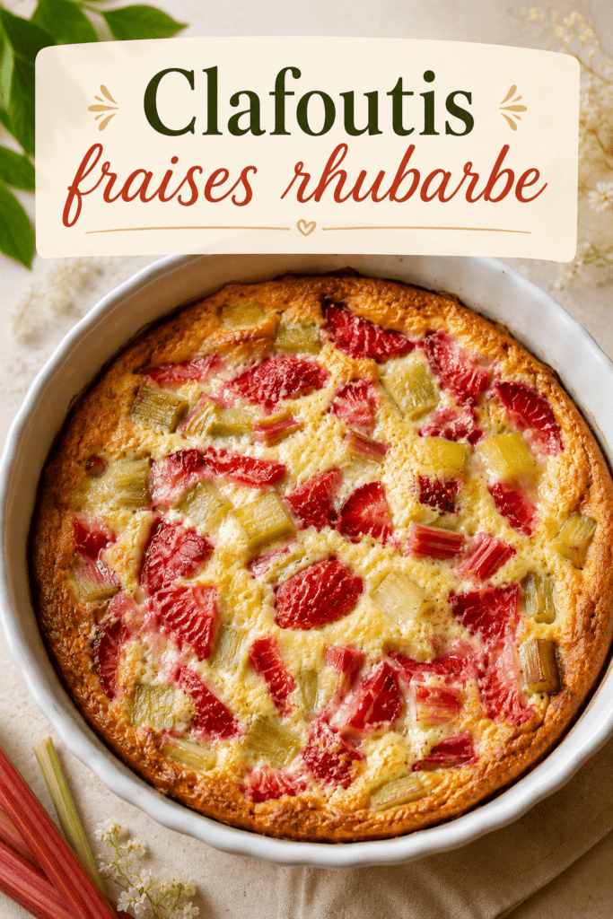 Clafoutis fraises rhubarbe fondant servi dans un plat doré, avec morceaux de fraises rouges, rhubarbe tendre et pâte moelleuse légèrement sucrée.