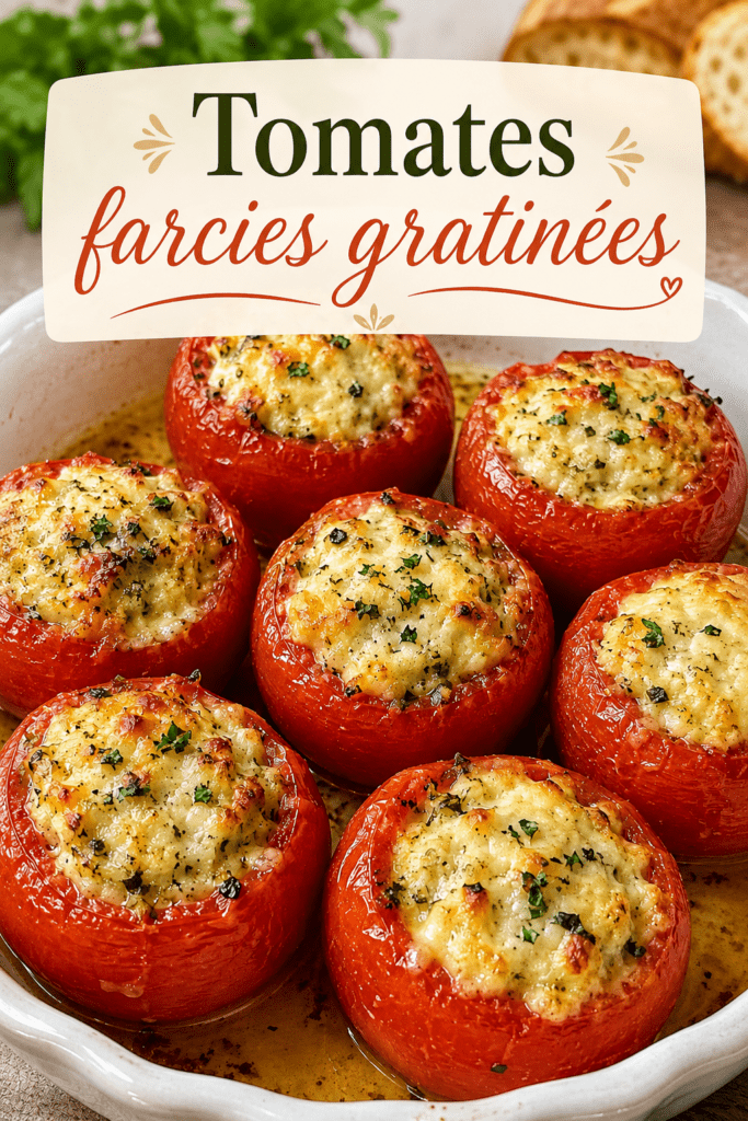 Tomates farcies express au fromage et aux herbes, gratinées au four avec une farce crémeuse, chapelure dorée et herbes fraîches.