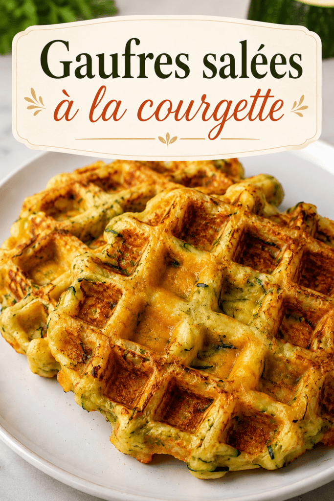 Gaufres salées courgette fromage bien dorées, croustillantes à l’extérieur, moelleuses à l’intérieur, servies avec une sauce au yaourt et des herbes fraîches.