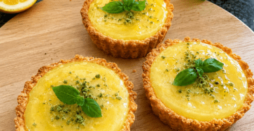 Mini tartelettes au citron maison garnies de crème citron brillante, d’un filet d’huile d’olive douce et de feuilles de basilic frais.