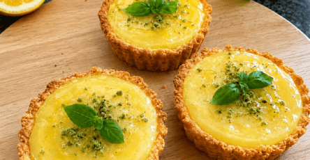 Mini tartelettes au citron maison garnies de crème citron brillante, d’un filet d’huile d’olive douce et de feuilles de basilic frais.