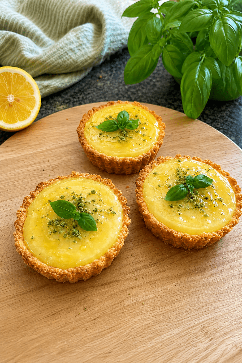 Mini tartelettes au citron maison garnies de crème citron brillante, d’un filet d’huile d’olive douce et de feuilles de basilic frais.