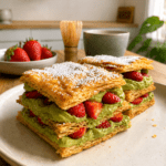 Millefeuille express au matcha et aux fraises composé de rectangles de pâte feuilletée dorée, de crème mascarpone au matcha et de fraises fraîches.