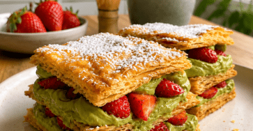 Millefeuille express au matcha et aux fraises composé de rectangles de pâte feuilletée dorée, de crème mascarpone au matcha et de fraises fraîches.