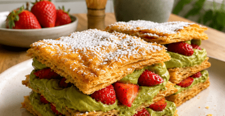 Millefeuille express au matcha et aux fraises composé de rectangles de pâte feuilletée dorée, de crème mascarpone au matcha et de fraises fraîches.