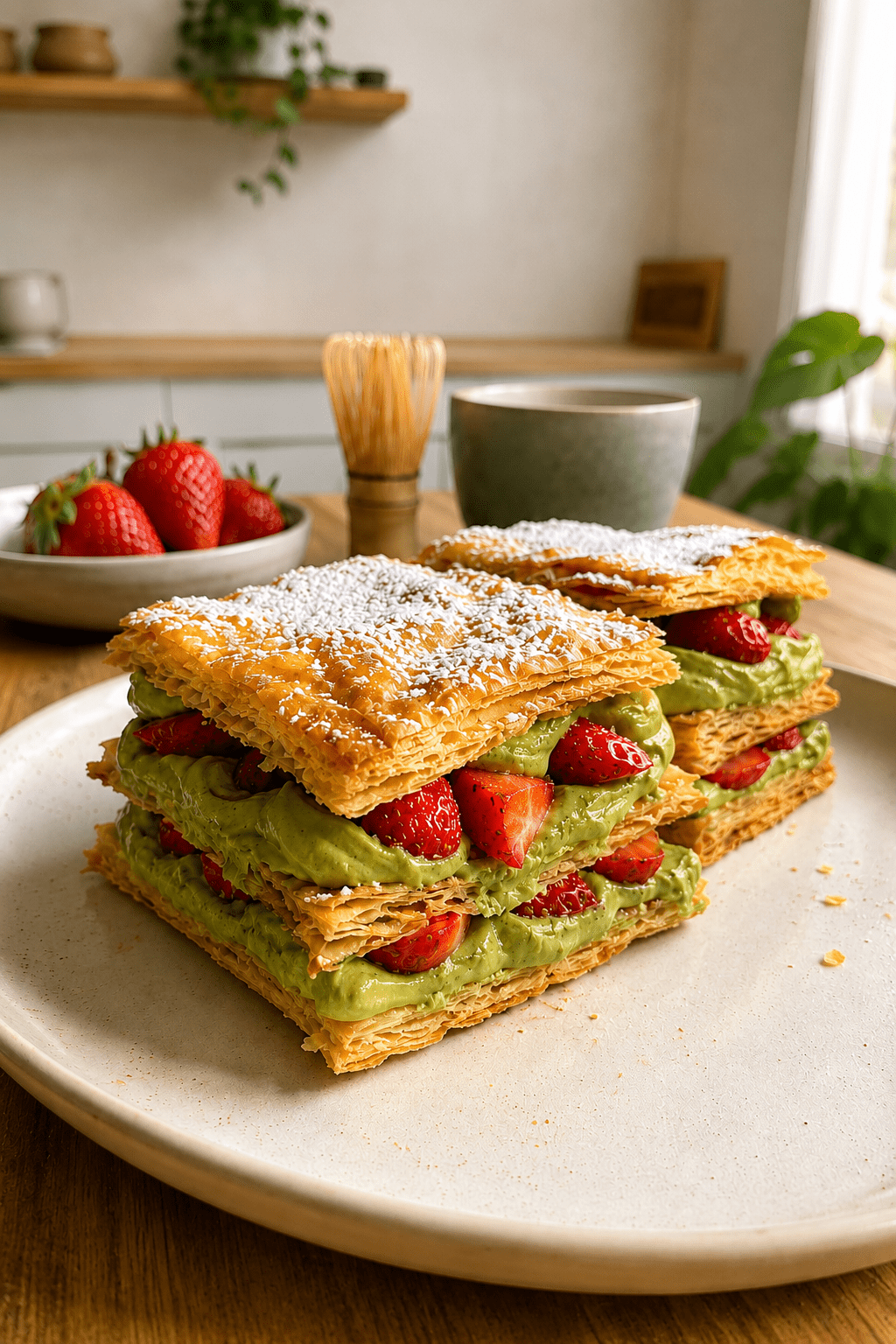 Millefeuille express au matcha et aux fraises composé de rectangles de pâte feuilletée dorée, de crème mascarpone au matcha et de fraises fraîches.