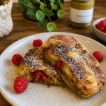 Croissant perdu doré à la poêle, garni de crème de pistache et de framboises, saupoudré de sucre glace et servi tiède.