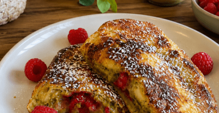 Croissant perdu doré à la poêle, garni de crème de pistache et de framboises, saupoudré de sucre glace et servi tiède.