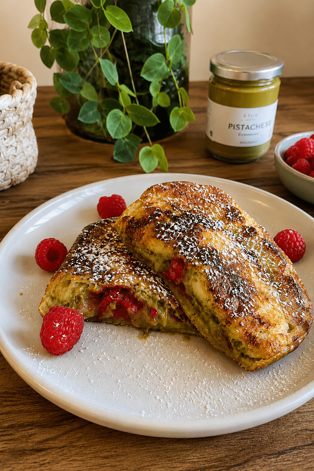 Croissant perdu doré à la poêle, garni de crème de pistache et de framboises, saupoudré de sucre glace et servi tiède.