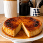 Part de flan brûlé vanille-miso avec pâte dorée, crème épaisse à la vanille, surface caramélisée au sucre et texture fondante.
