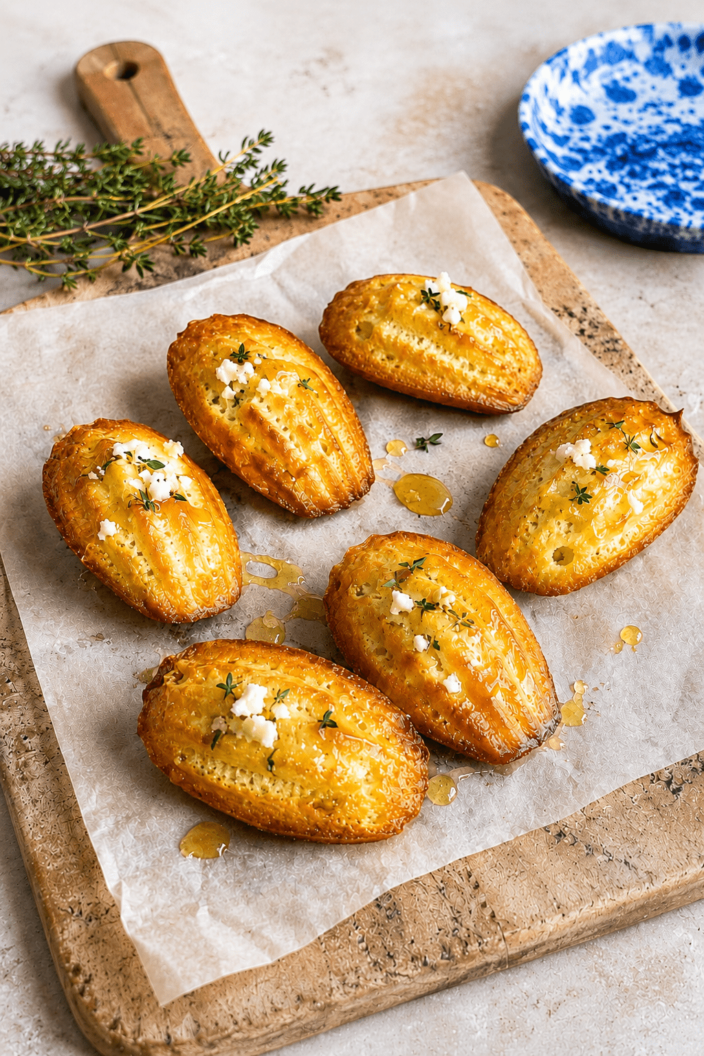 Madeleines salées au chèvre frais, miel et thym, dorées au four, servies tièdes avec un léger filet de miel brillant sur le dessus.