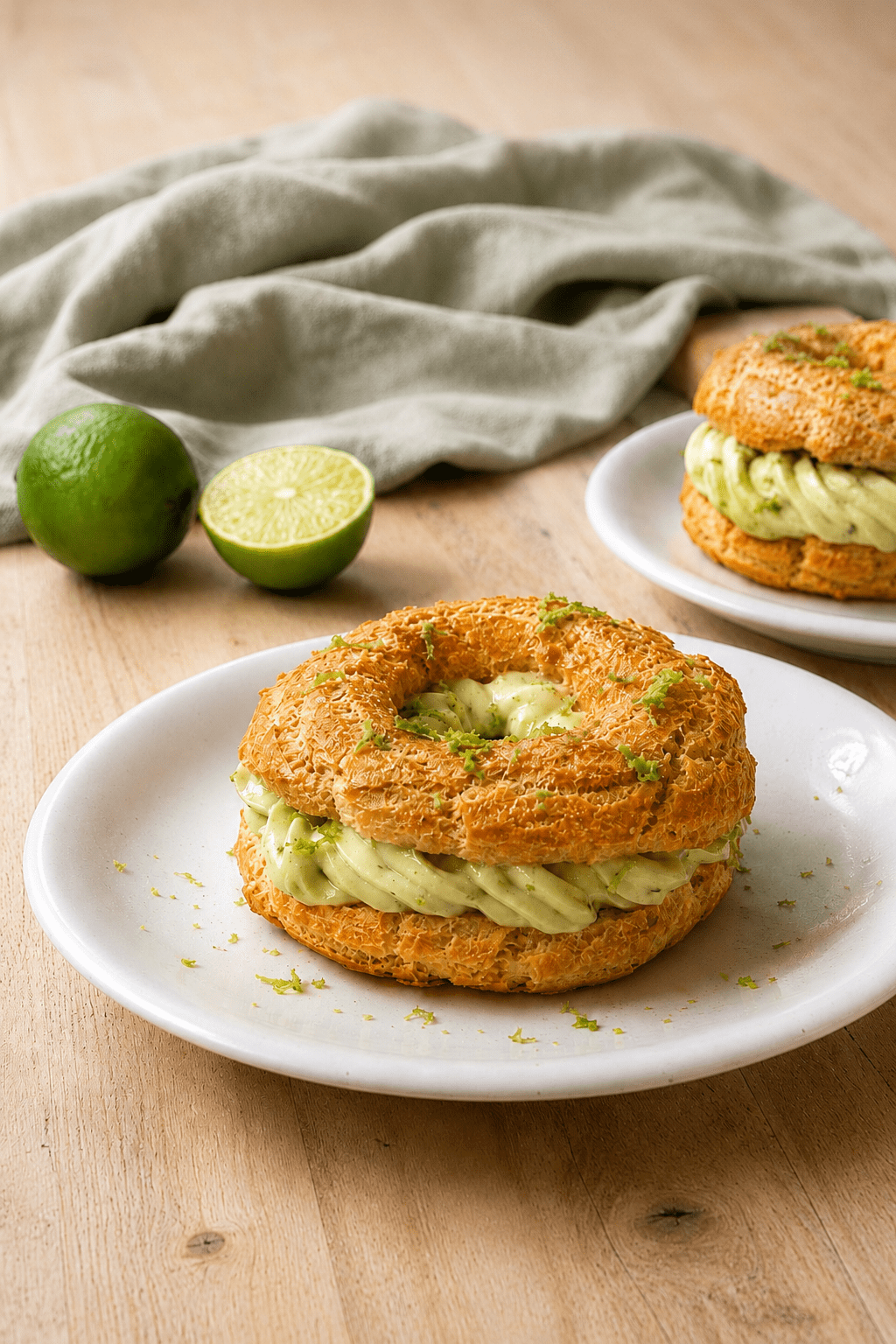 Paris-Brest express garni d’une crème pistache onctueuse au mascarpone, décoré de zestes de citron vert frais sur une pâte à choux dorée.