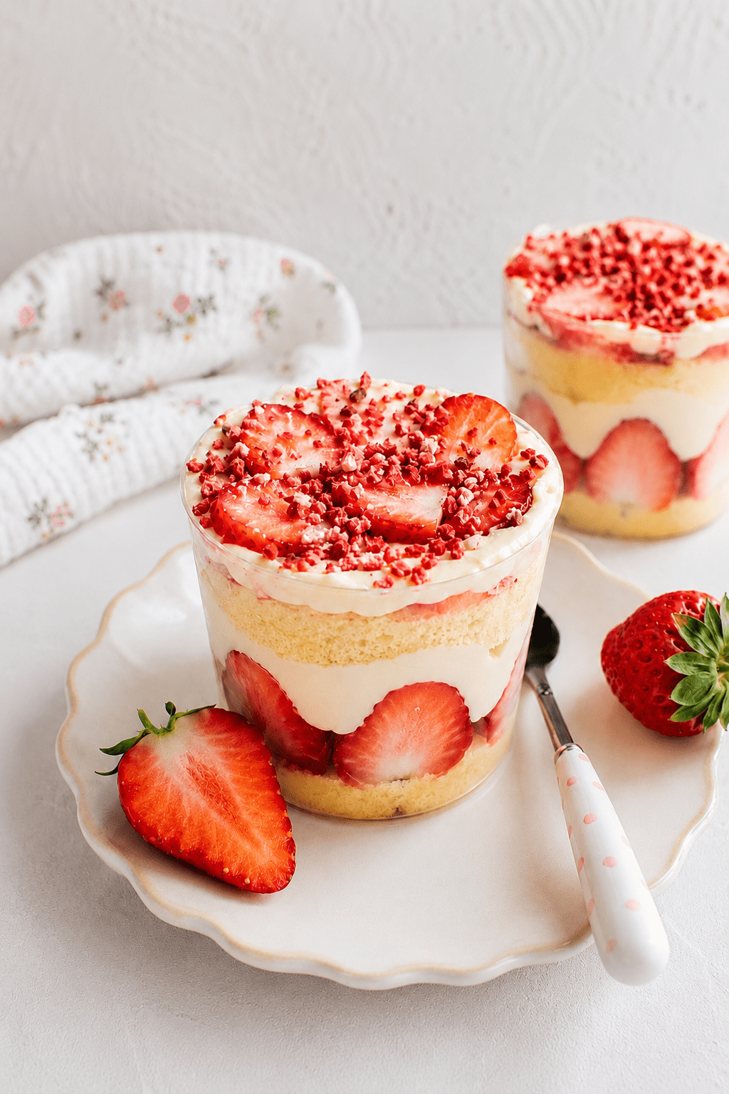 Cup façon fraisier servie dans un verre avec couches de génoise moelleuse, fraises fraîches coupées, crème vanille, chantilly et miettes de fraises séchées.