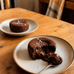 Fondant au chocolat noir servi tiède avec cœur coulant, filet d’huile d’olive douce et pincée de fleur de sel sur le dessus.