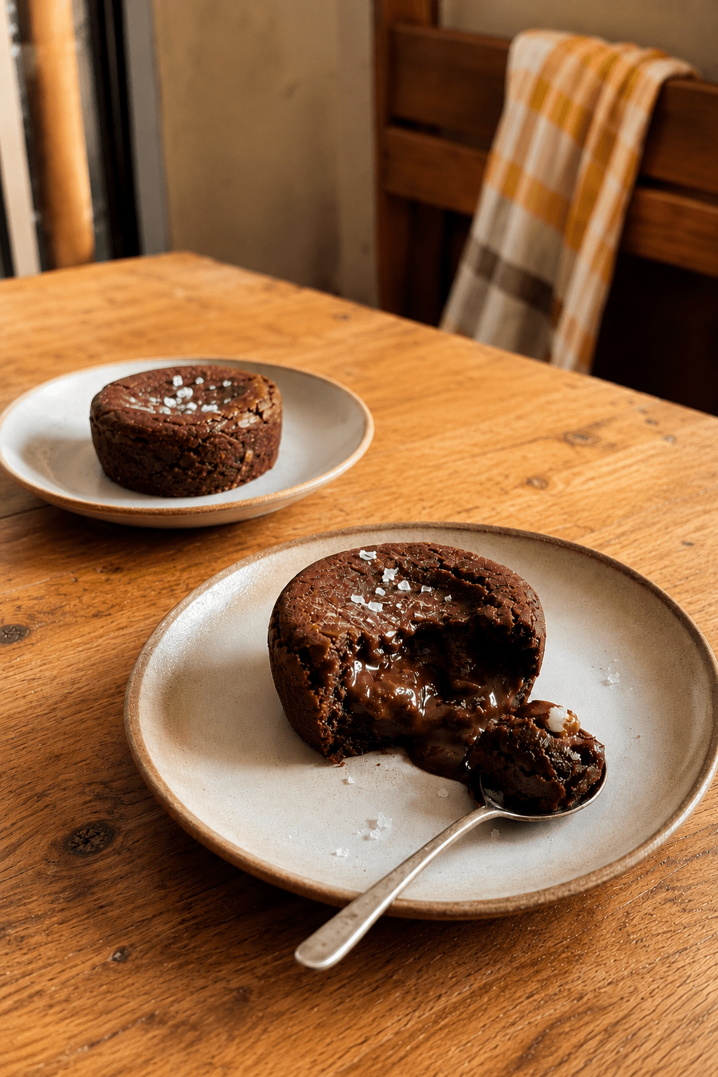 Fondant au chocolat noir servi tiède avec cœur coulant, filet d’huile d’olive douce et pincée de fleur de sel sur le dessus.