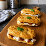 Éclair salé garni de crème de burrata à l’huile d’olive, de tomates confites rouges et de basilic frais, servi en bouchée apéritive.