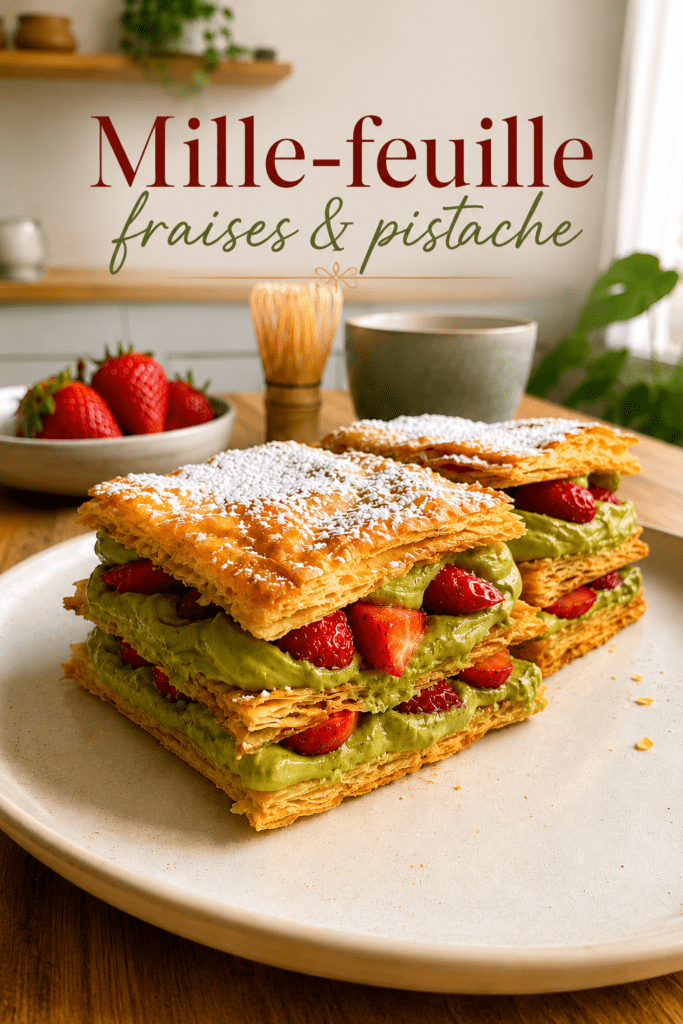 Millefeuille express au matcha et aux fraises composé de rectangles de pâte feuilletée dorée, de crème mascarpone au matcha et de fraises fraîches.